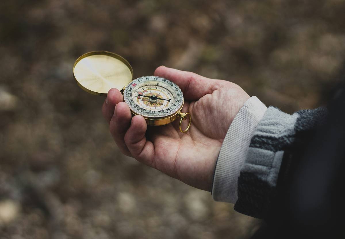 Infographic comparing functional vs decorative compasses: real compass shows magnetic needle alignment with Earth's field; fake compass shows fixed dial with no movement.